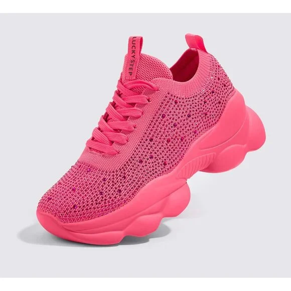 Lucky Step Women's Pink Rhinestone Sneaker Chunky Sparkly Bling Mesh Slip on - Picture 4 of 9